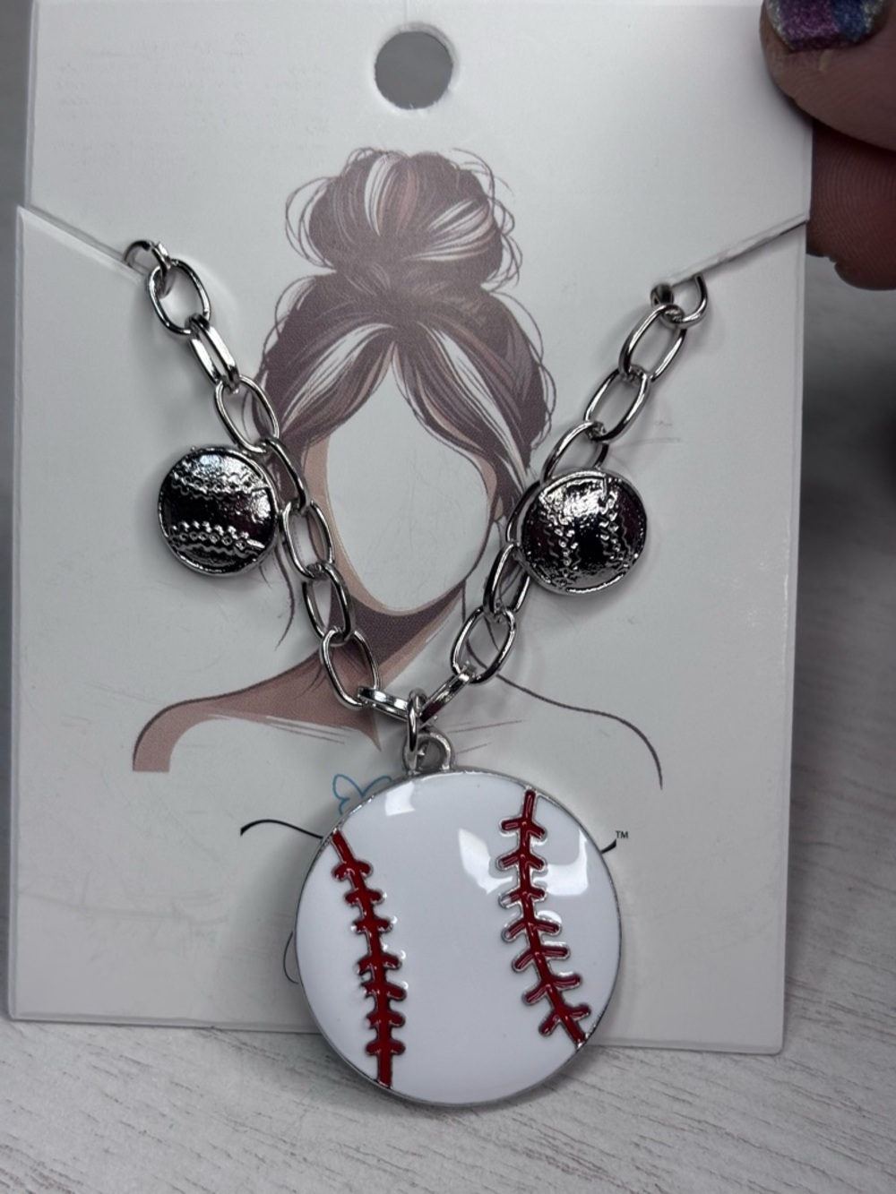Baseball Pendant Necklace and earrings with Red Stitching